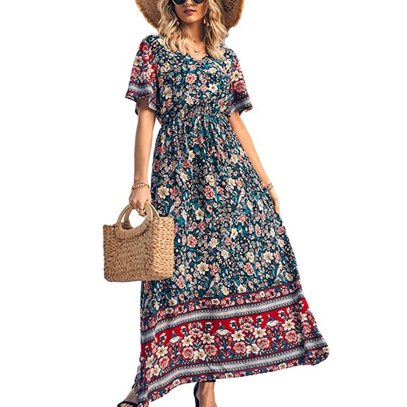 Printed Resort Casual Short Sleeve Boho Swing Maxi Dresses Wholesale Bohemian Dress For Women