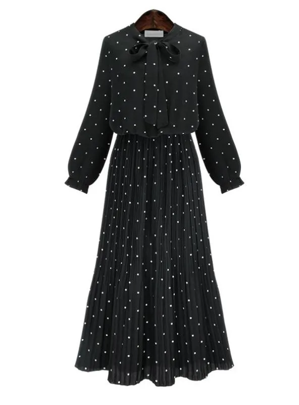 ROUND NECK LONG SLEEVE SOLID BLACK CHIFFON DOT LOOSE DRESS