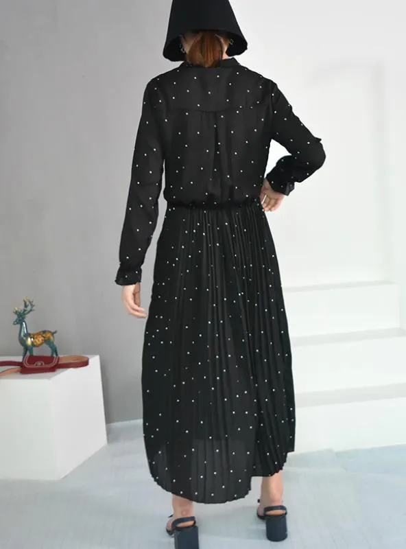 ROUND NECK LONG SLEEVE SOLID BLACK CHIFFON DOT LOOSE DRESS