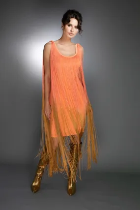 Sleeveless Salmon Gold Ombre Fringe Midi Dress