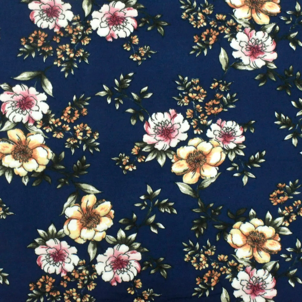 Stain Glass Blue-Multi Floral Printed Double Brushed Stretch ITY Knit Fabric