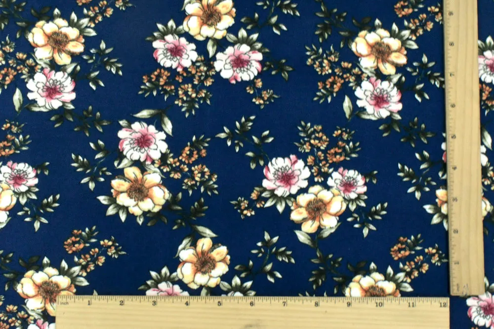 Stain Glass Blue-Multi Floral Printed Double Brushed Stretch ITY Knit Fabric