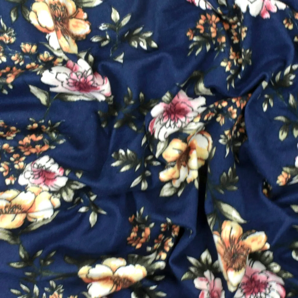 Stain Glass Blue-Multi Floral Printed Double Brushed Stretch ITY Knit Fabric