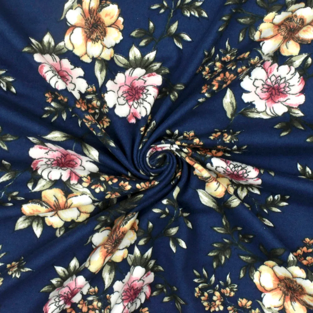 Stain Glass Blue-Multi Floral Printed Double Brushed Stretch ITY Knit Fabric