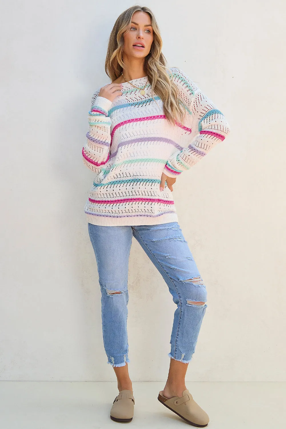 Striped Hollowed Crochet Loose Fit Sweater