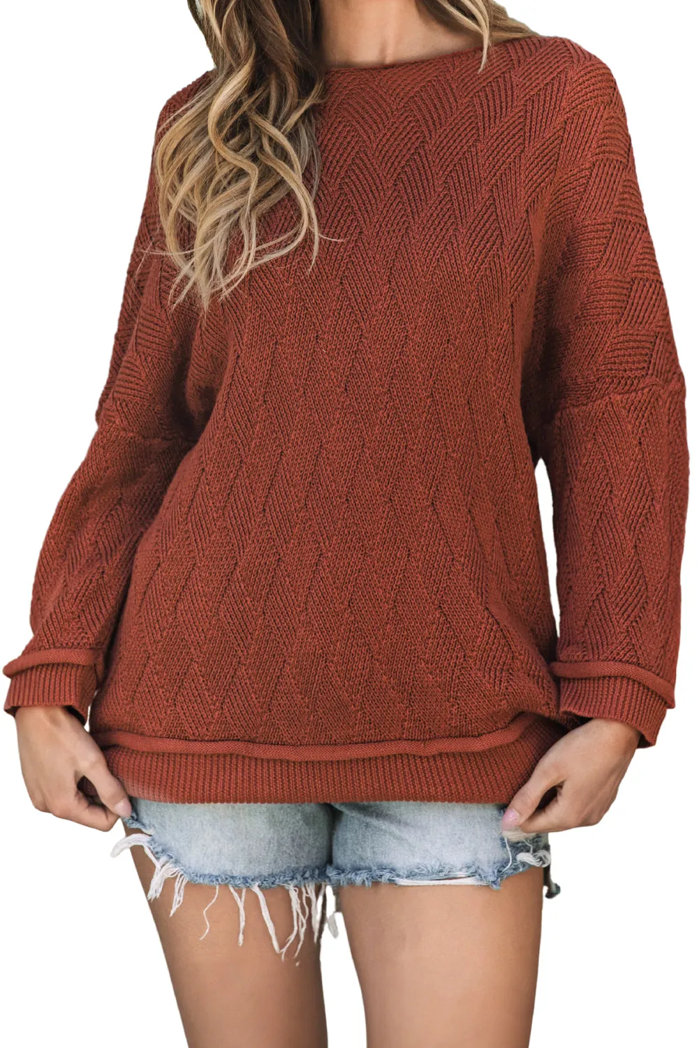 Textured Crew Neck Loose Sweater