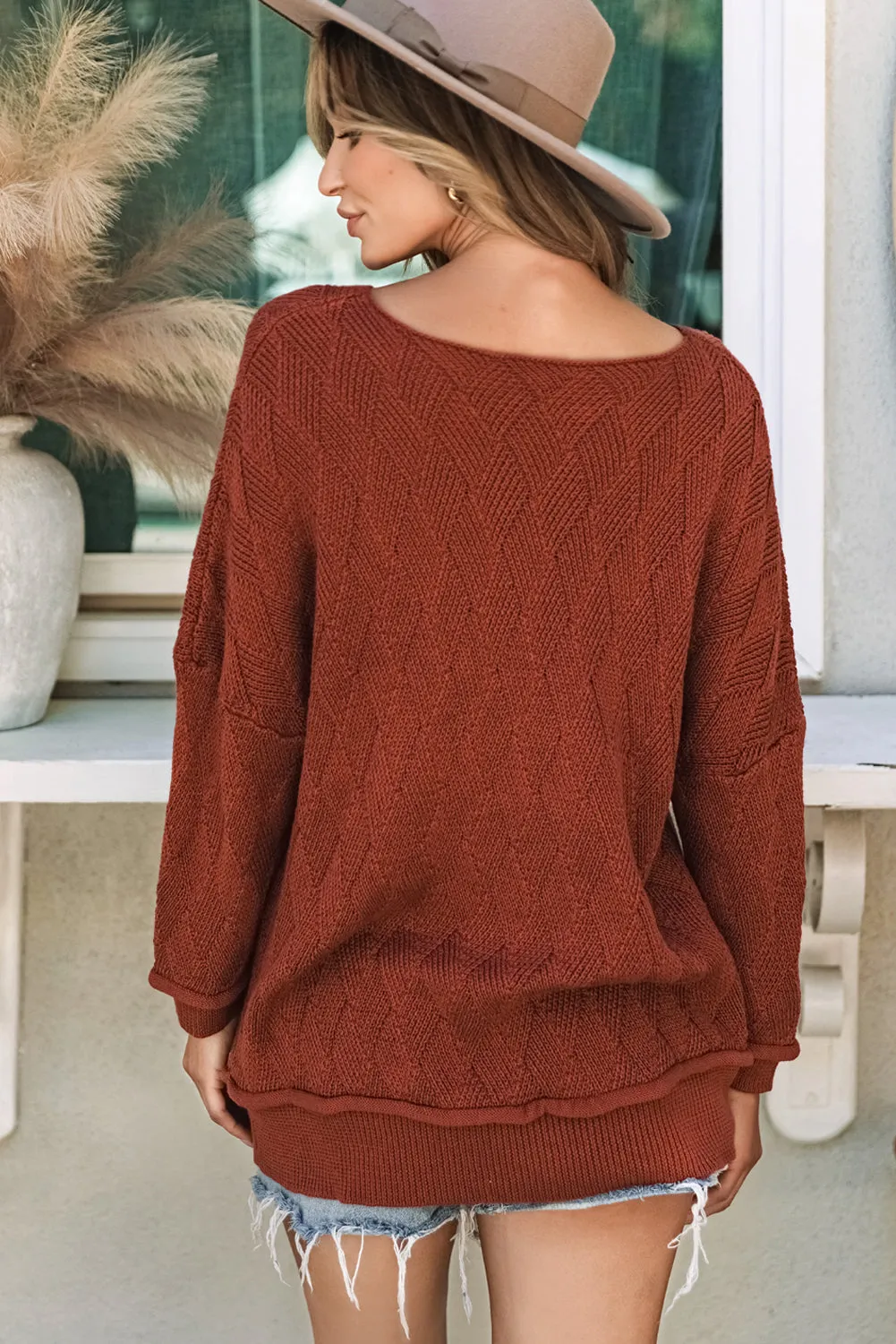 Textured Crew Neck Loose Sweater