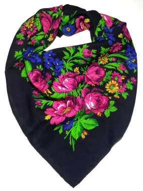 Traditional Polish Folk Head Scarf - Classy Floral Collection - Black