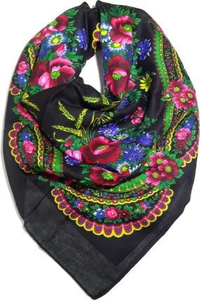 Traditional Polish Ukrainian Folk Cotton Head Scarf - Black