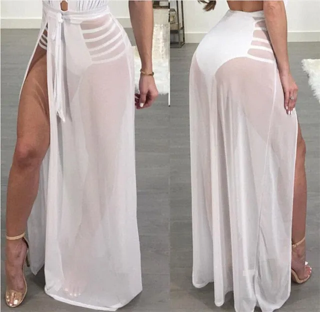 Trendy High Waist Transparent Maxi Style Skirt With Side Split