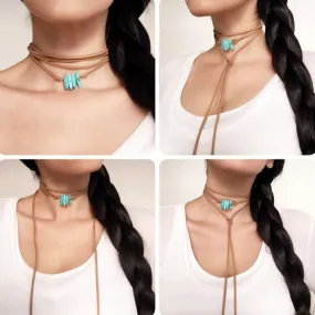 Turquoise Stones Tan Suede Leather Lariat Necklace So Many Ways To Wear It Southwestern Bolo Tie Style Stacking Necklaces Look