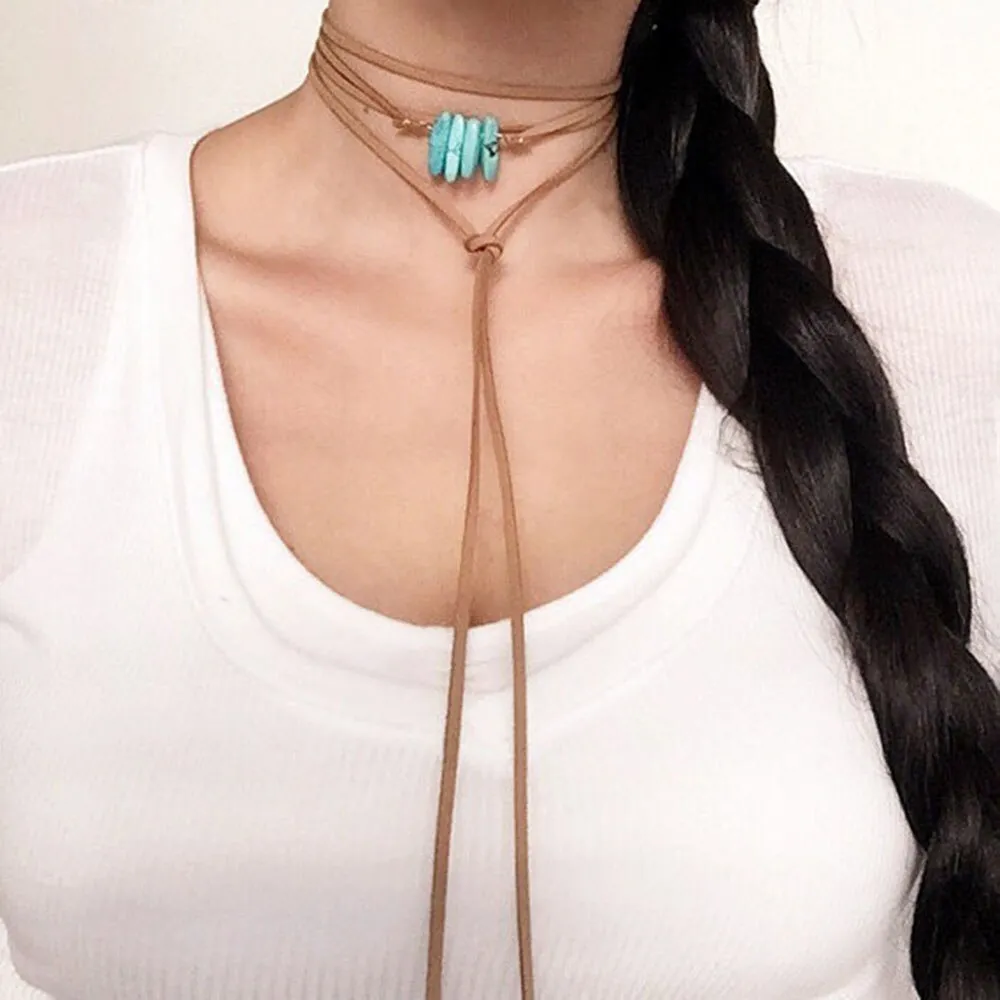 Turquoise Stones Tan Suede Leather Lariat Necklace So Many Ways To Wear It Southwestern Bolo Tie Style Stacking Necklaces Look