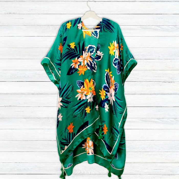 Turquoise Tropical Floral Tassel Kimono