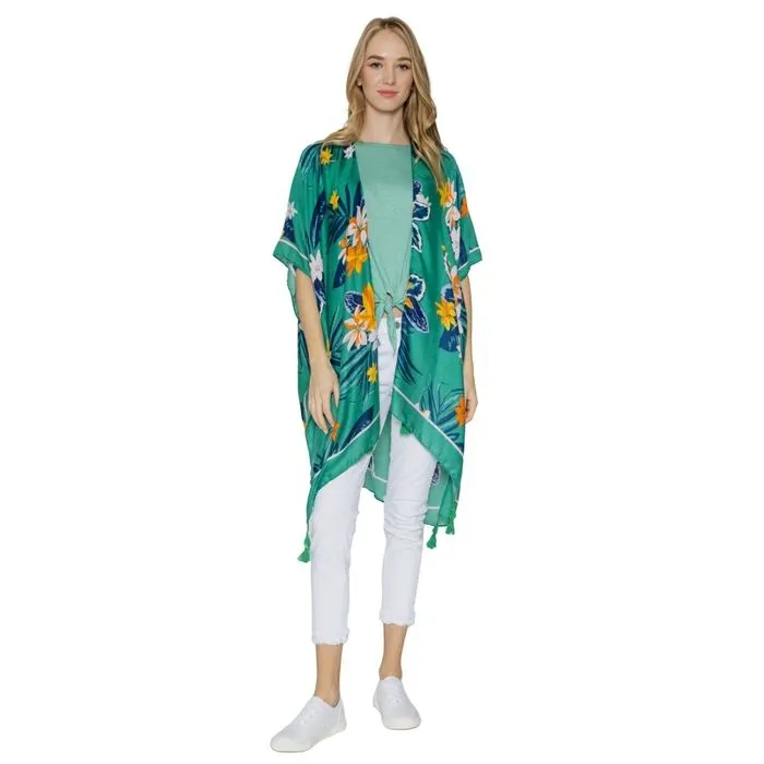 Turquoise Tropical Floral Tassel Kimono