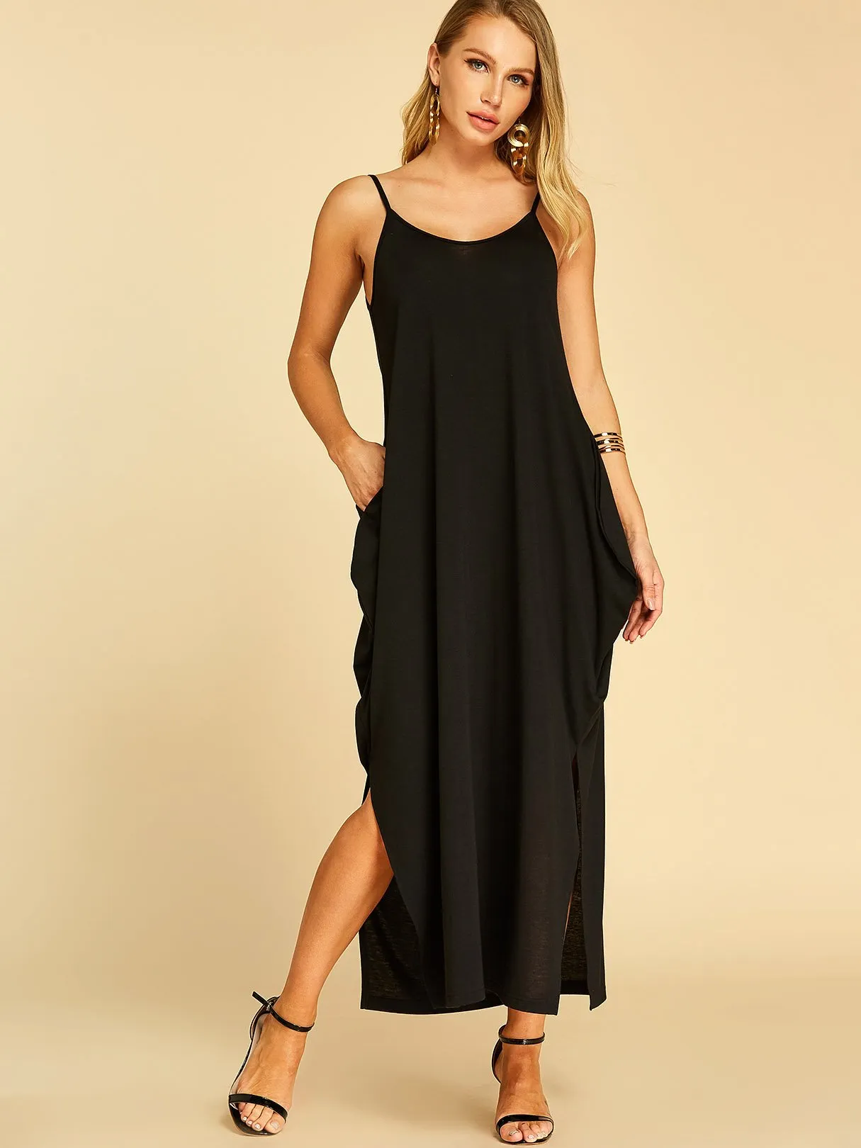 Wholesale Black Round Neck Sleeveless Plain Side Pockets Slit Casual Dress