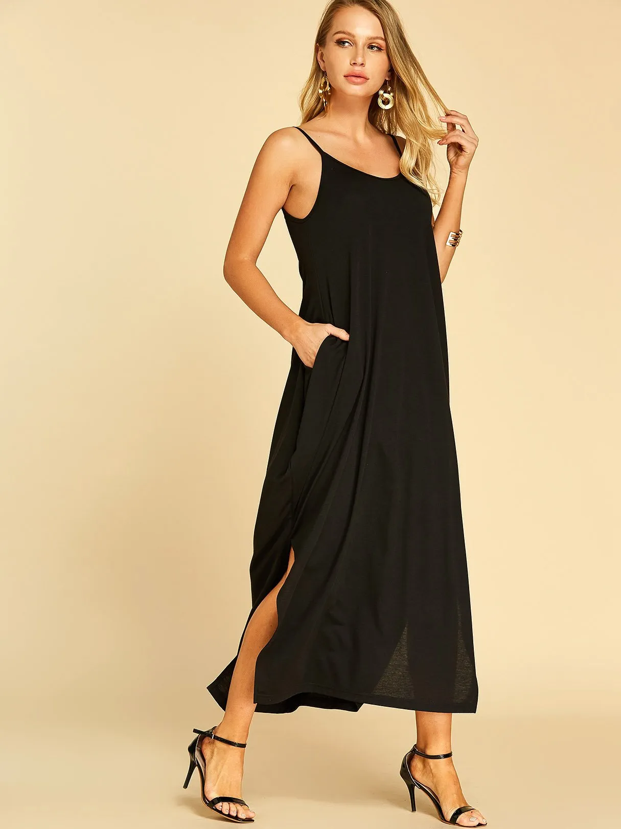 Wholesale Black Round Neck Sleeveless Plain Side Pockets Slit Casual Dress