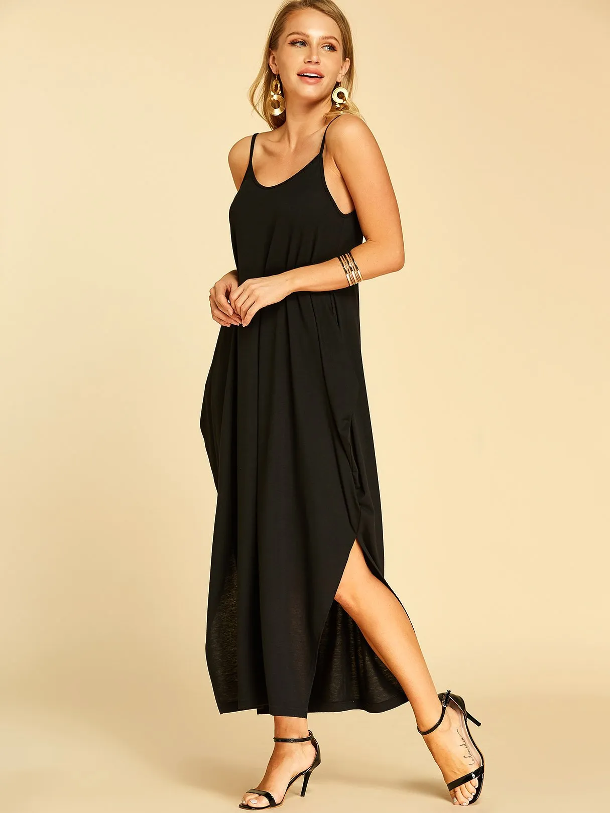 Wholesale Black Round Neck Sleeveless Plain Side Pockets Slit Casual Dress