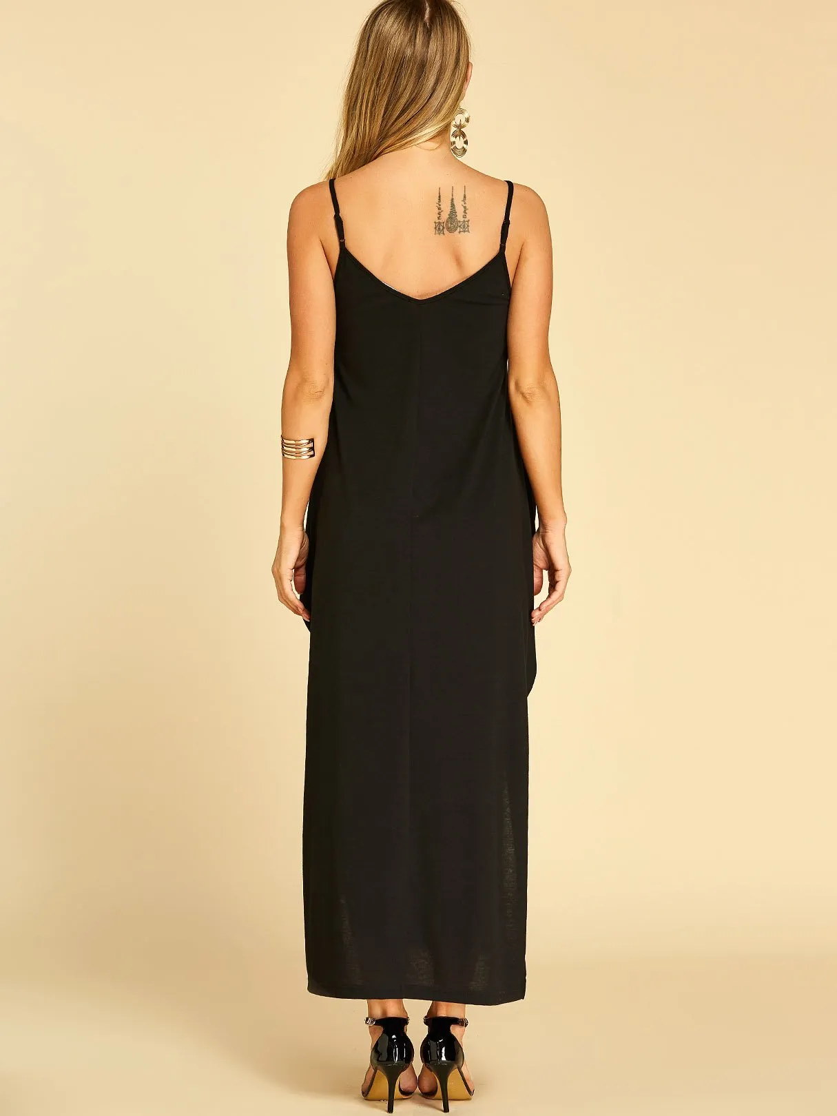 Wholesale Black Round Neck Sleeveless Plain Side Pockets Slit Casual Dress