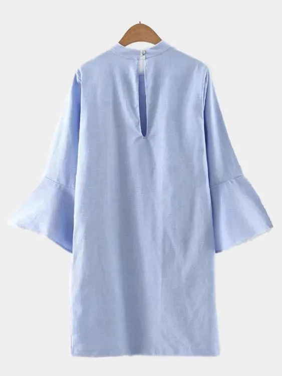 Wholesale Blue Crew Neck 3/4 Sleeve Length Slit Hem Casual Dresses