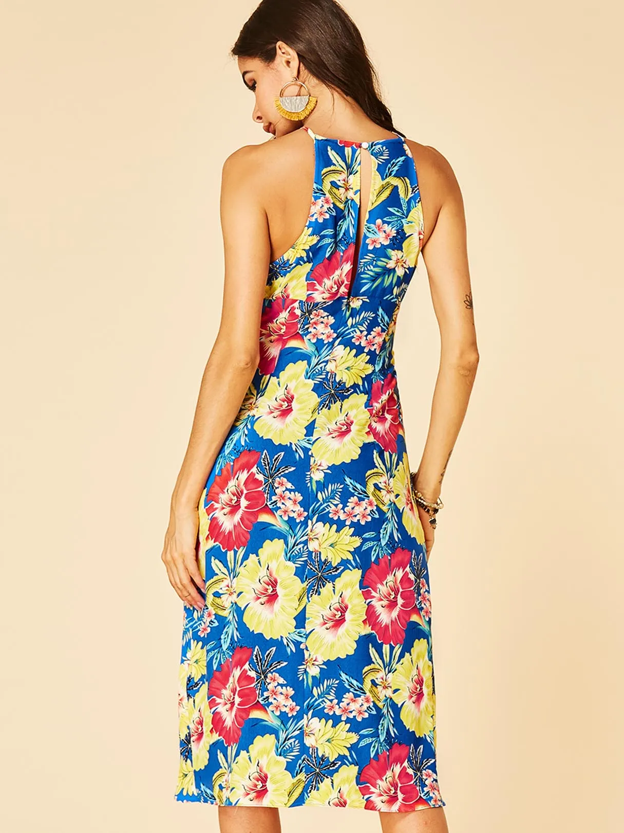 Wholesale Blue Halter Sleeveless Floral Print Self-Tie Irregular Hem Casual Dress