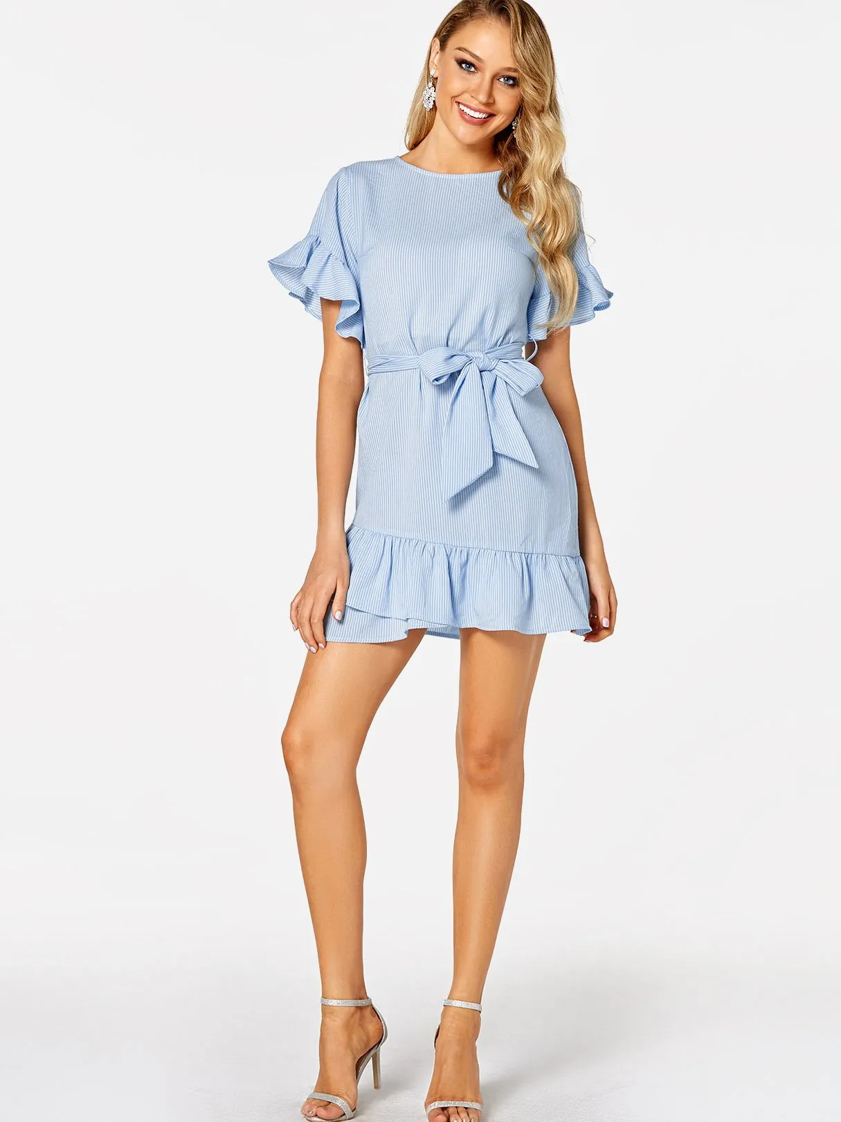 Wholesale Blue Round Neck Short Sleeve Stripe Zip Back Belt Flounced Hem Casual Dresses