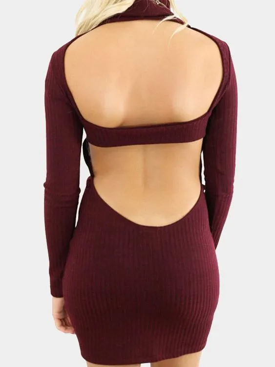 Wholesale Burgundy High Neck Long Sleeve Backless Bodycon Hem Casual Dresses