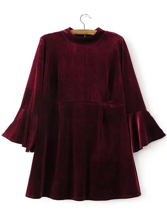 Wholesale Burgundy Long Sleeve Plain Casual Dress