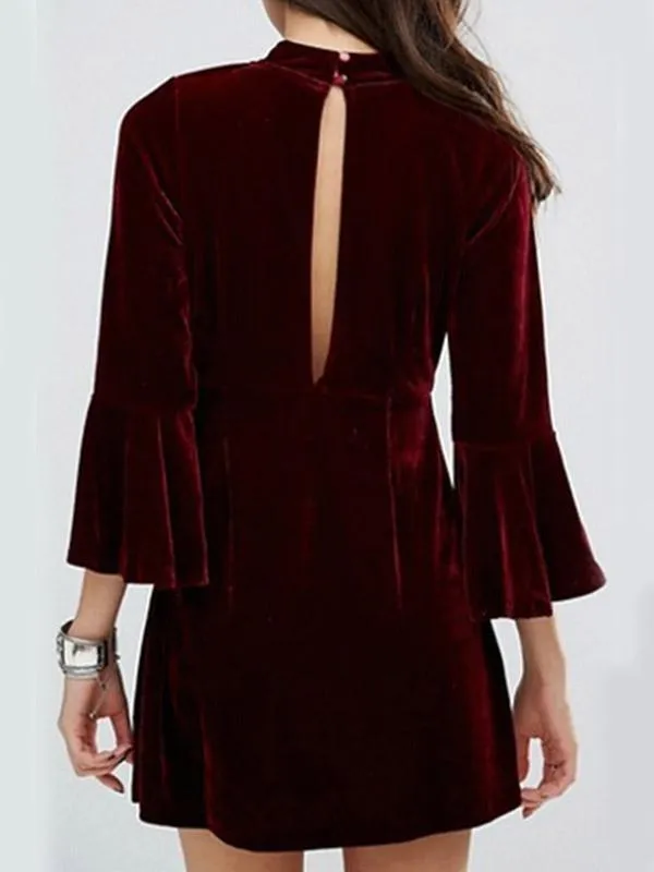 Wholesale Burgundy Long Sleeve Plain Casual Dress