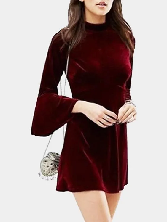 Wholesale Burgundy Long Sleeve Plain Casual Dress