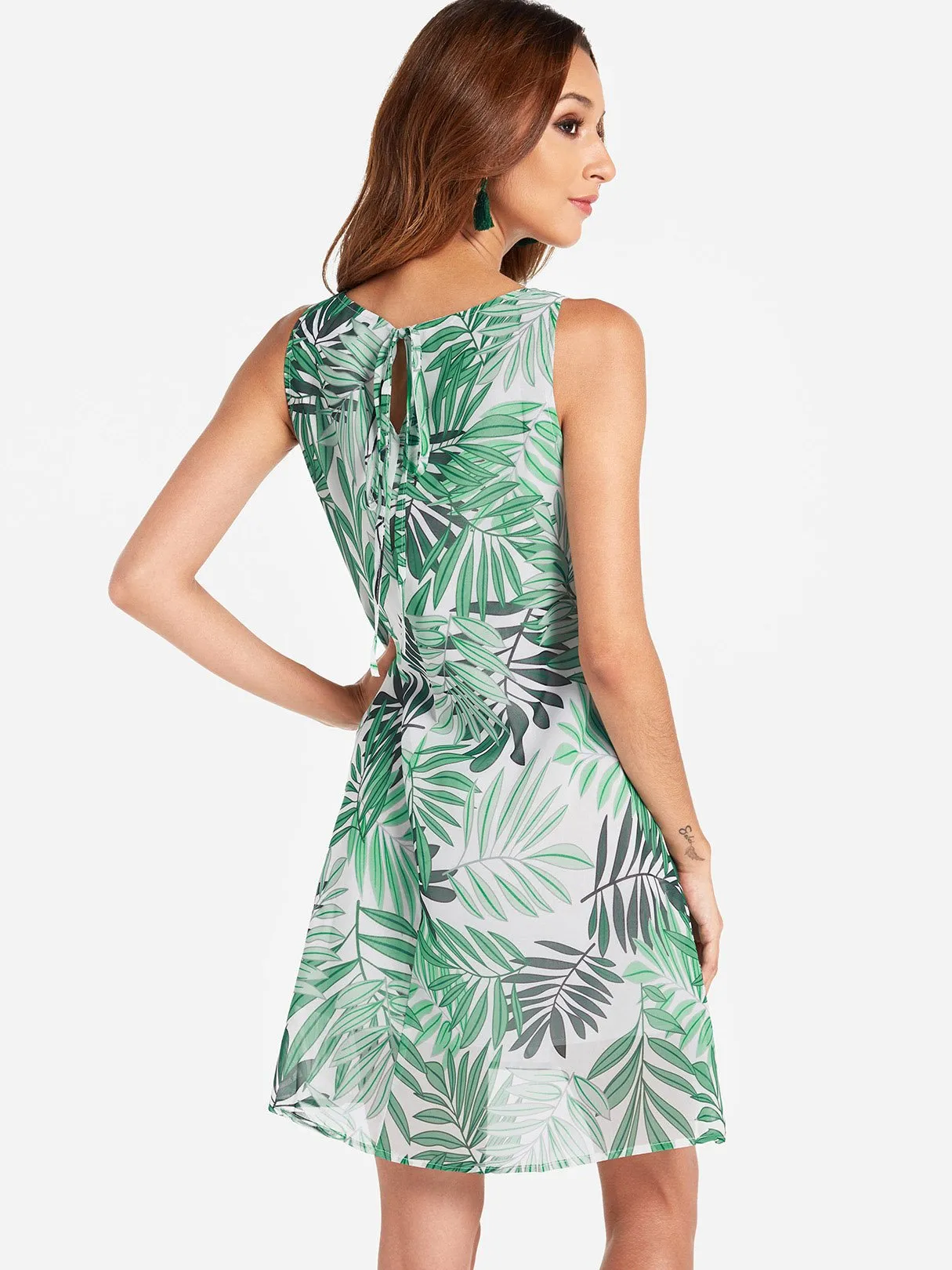 Wholesale Green Round Neck Sleeveless Printed Casual Dress