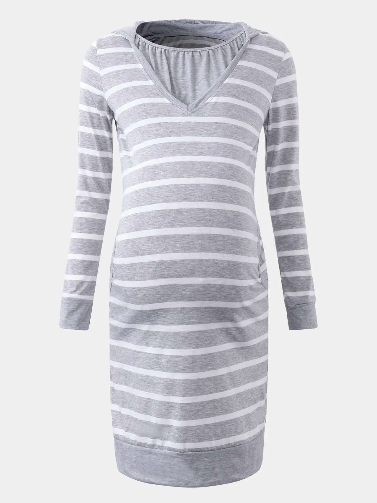 Wholesale Grey Round Neck Long Sleeve Stripe Side Pockets Casual Dress