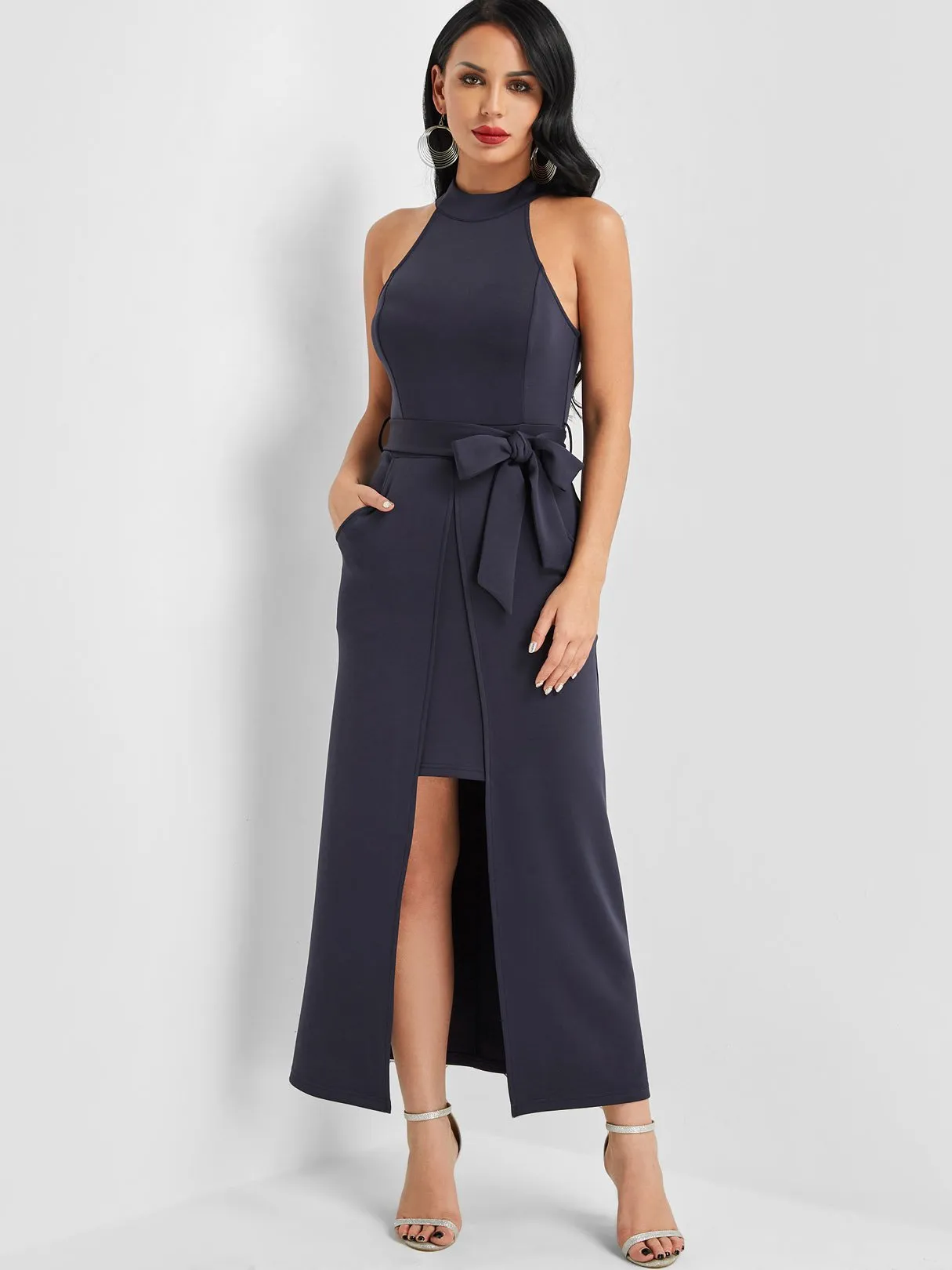 Wholesale Navy Halter Sleeveless Plain Side Pockets Belt Slit Hem Casual Dresses