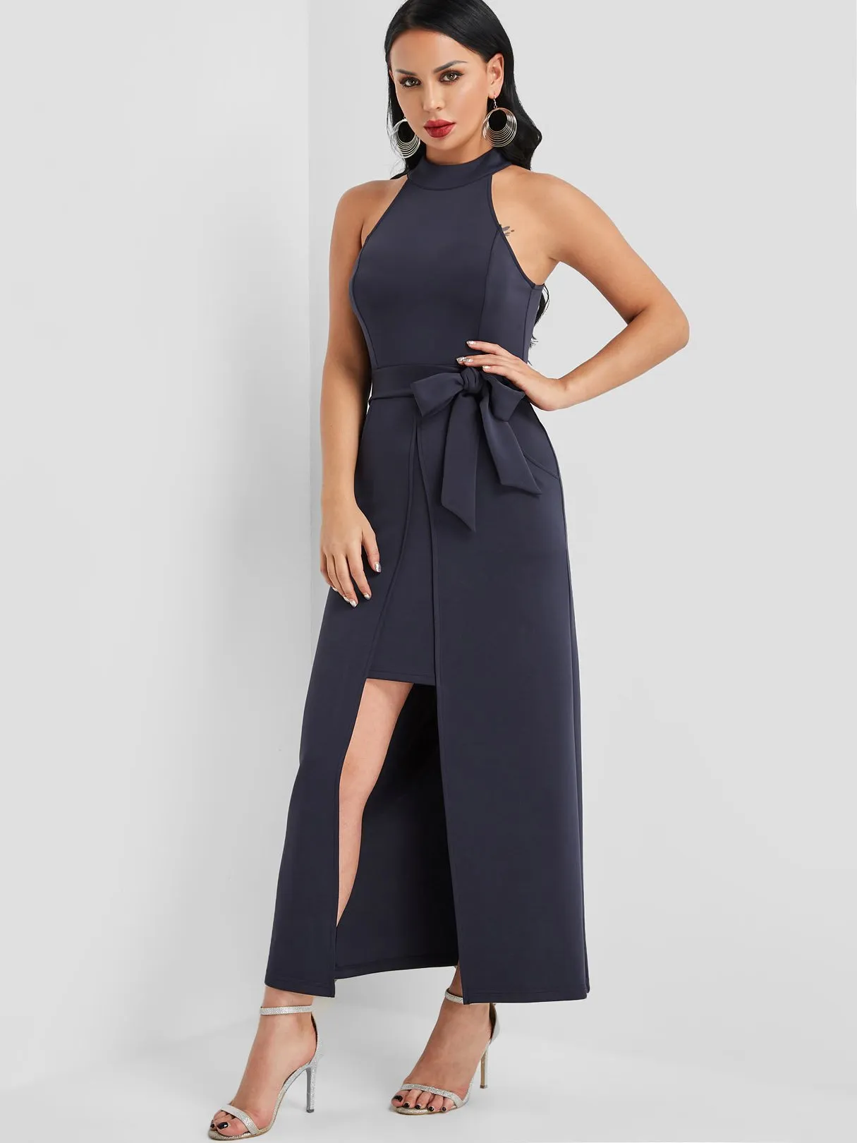 Wholesale Navy Halter Sleeveless Plain Side Pockets Belt Slit Hem Casual Dresses