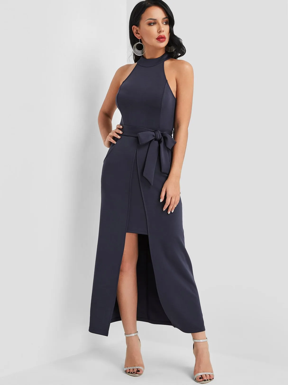 Wholesale Navy Halter Sleeveless Plain Side Pockets Belt Slit Hem Casual Dresses