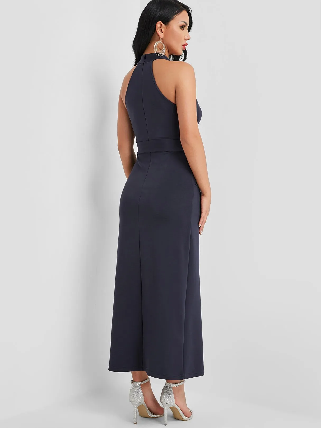 Wholesale Navy Halter Sleeveless Plain Side Pockets Belt Slit Hem Casual Dresses