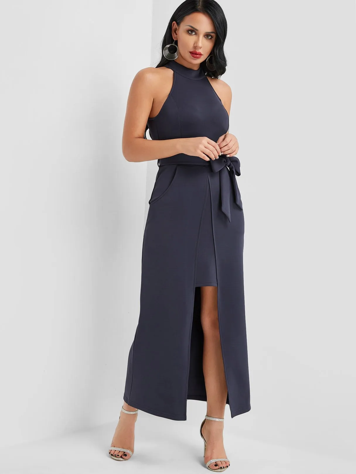 Wholesale Navy Halter Sleeveless Plain Side Pockets Belt Slit Hem Casual Dresses