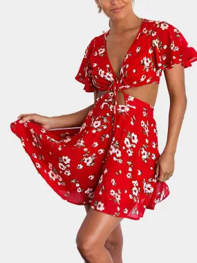 Wholesale Red V-Neck Short Sleeve Floral Print Backless Casual Dresses