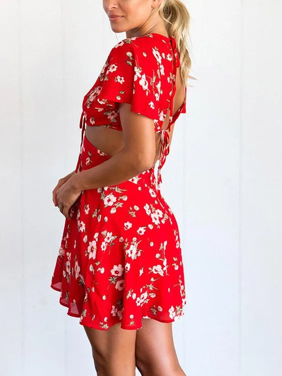 Wholesale Red V-Neck Short Sleeve Floral Print Backless Casual Dresses