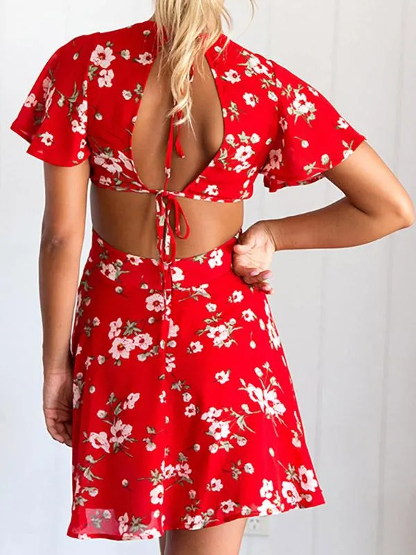 Wholesale Red V-Neck Short Sleeve Floral Print Backless Casual Dresses