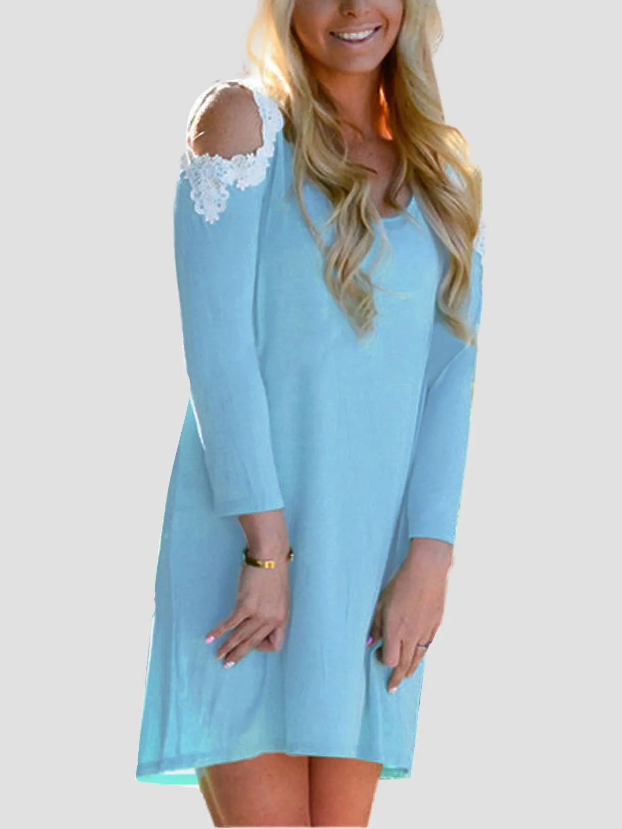 Wholesale Round Neck Lace Long Sleeve Blue Casual Dresses