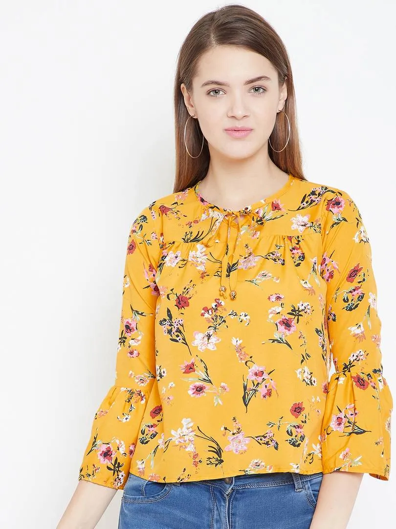 Women Mustard Color Floral Printed Crepe Top