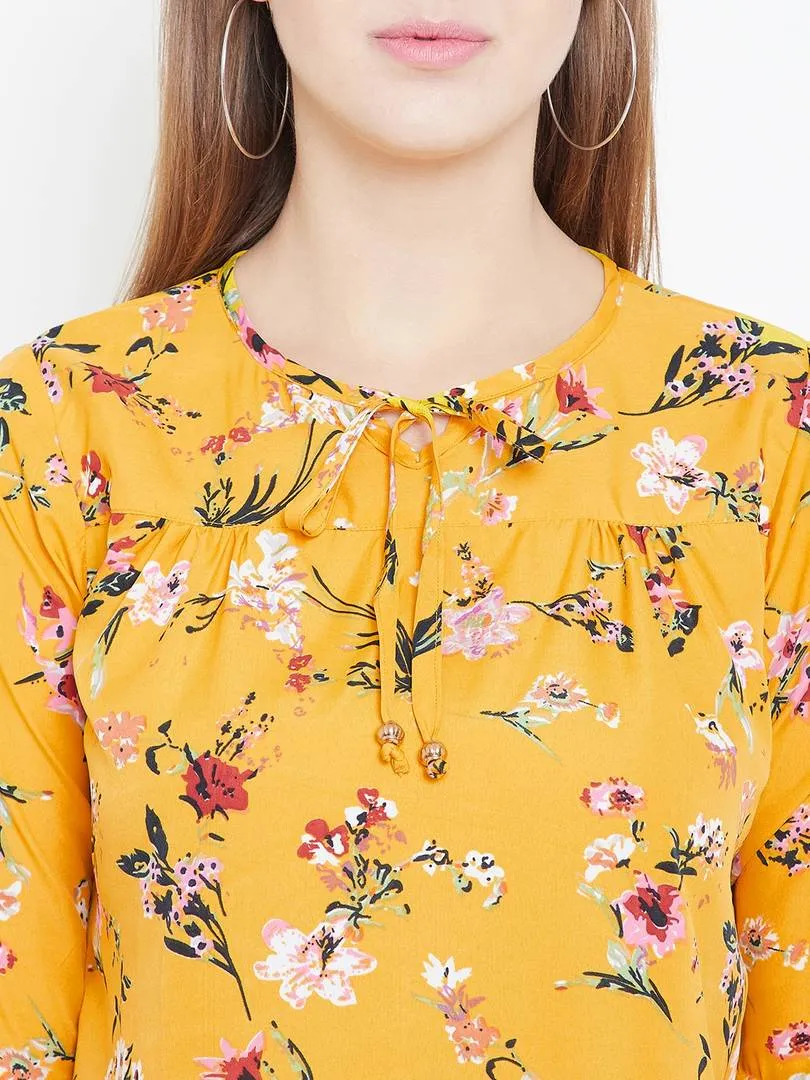 Women Mustard Color Floral Printed Crepe Top