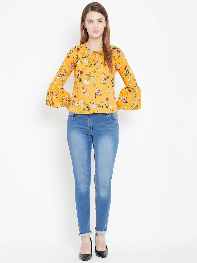 Women Mustard Color Floral Printed Crepe Top