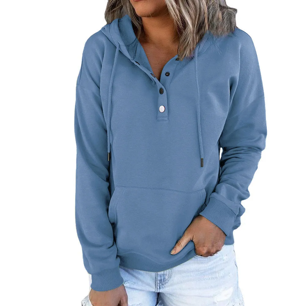 Women's Long Solid Color Sleeve Loose Casual Hooded Drawstring Pocket Sweatshirt