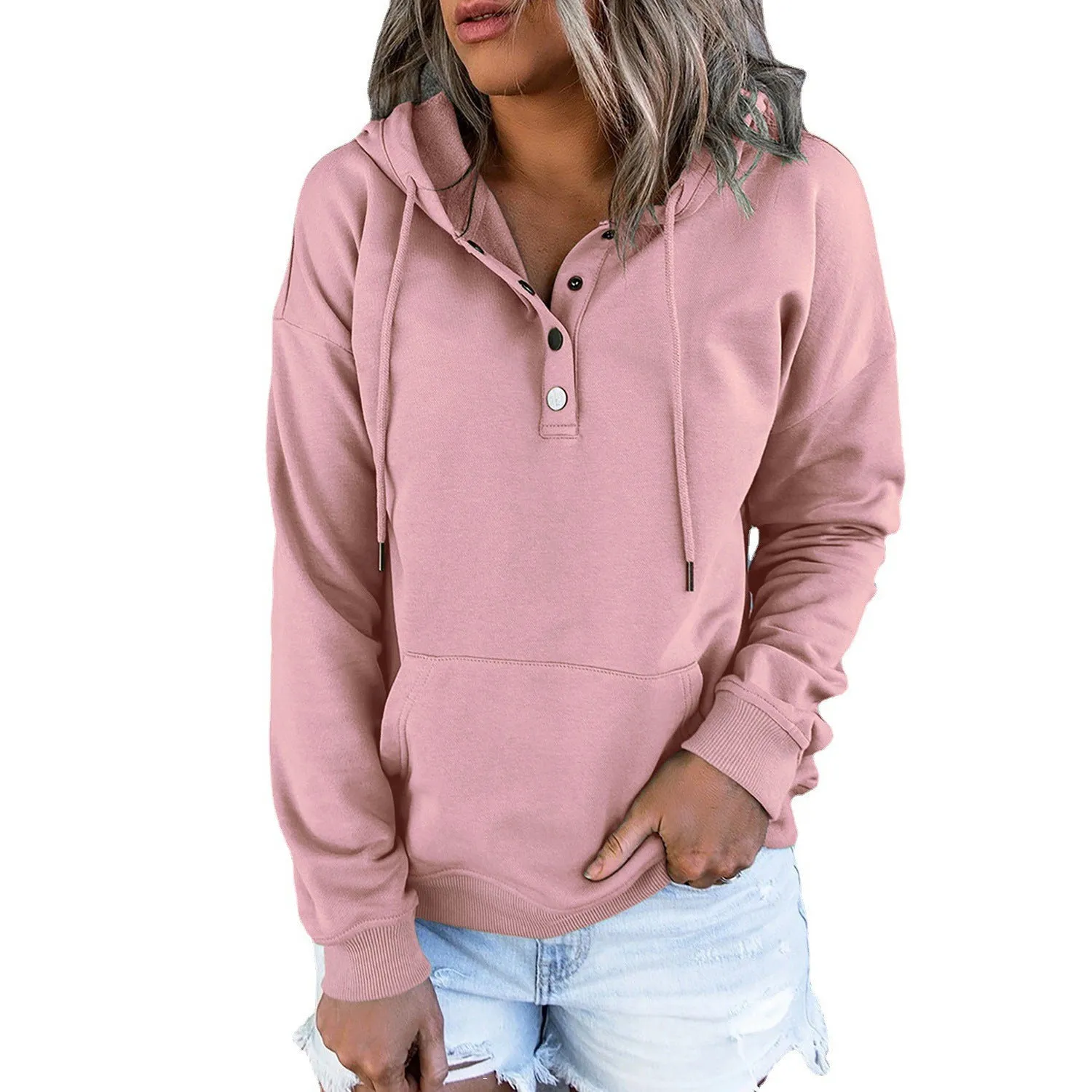 Women's Long Solid Color Sleeve Loose Casual Hooded Drawstring Pocket Sweatshirt