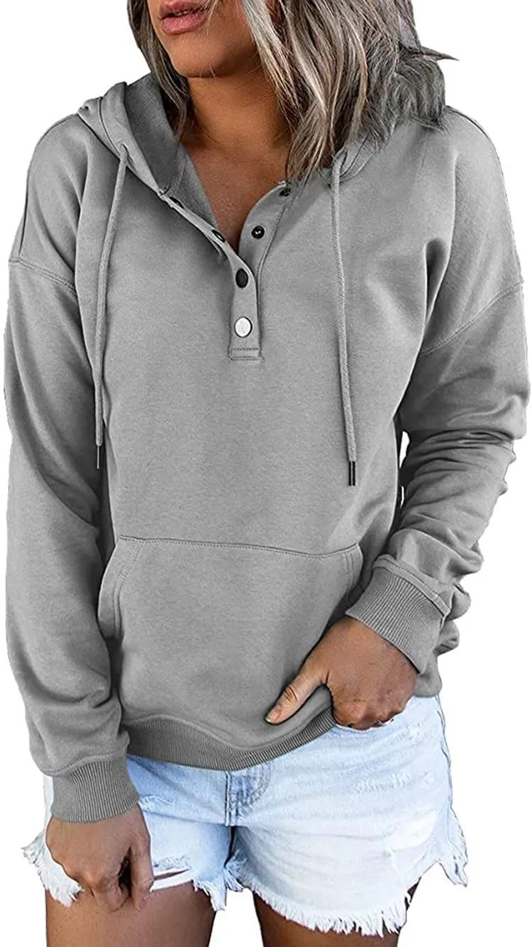 Women's Long Solid Color Sleeve Loose Casual Hooded Drawstring Pocket Sweatshirt