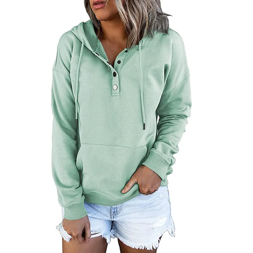 Women's Long Solid Color Sleeve Loose Casual Hooded Drawstring Pocket Sweatshirt