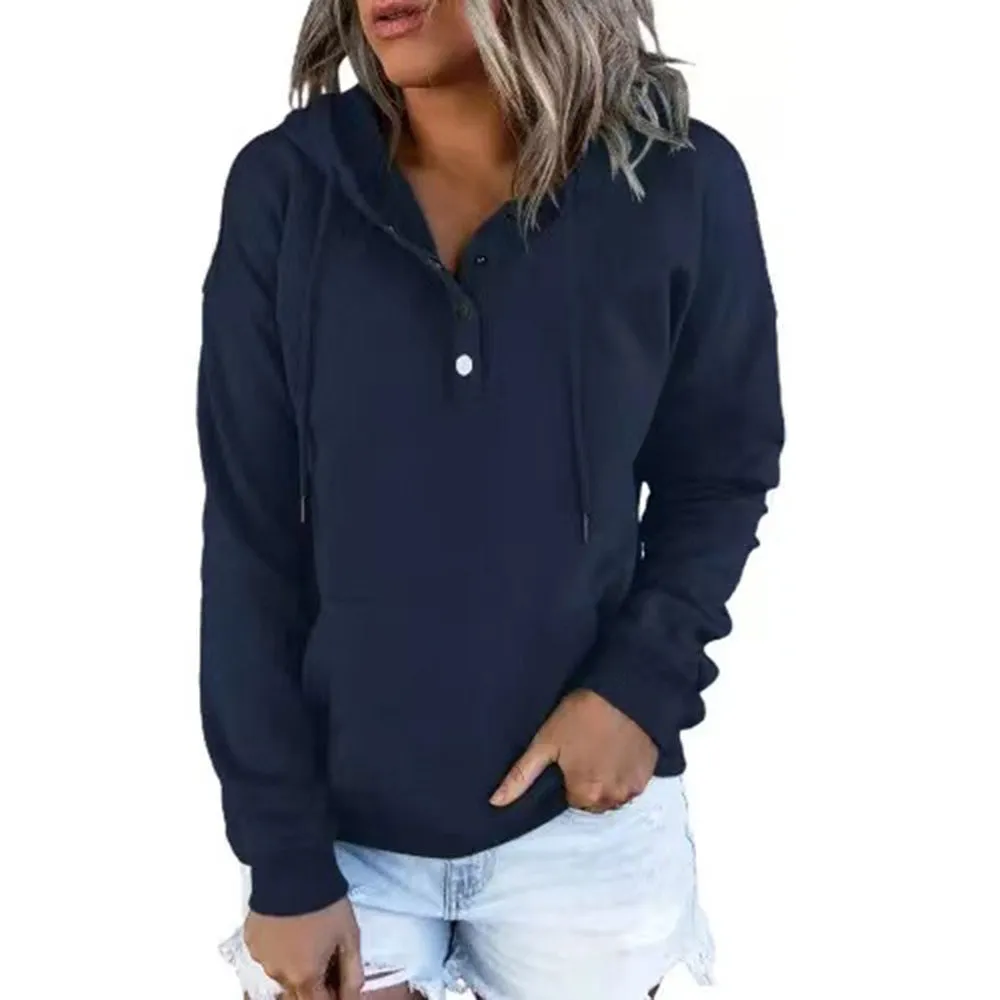 Women's Long Solid Color Sleeve Loose Casual Hooded Drawstring Pocket Sweatshirt