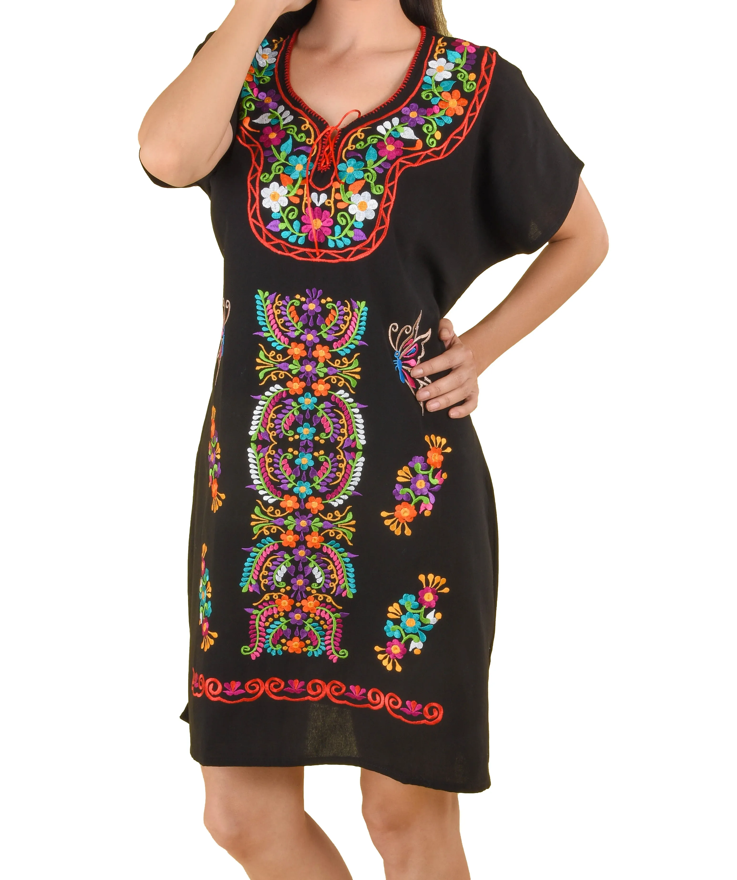 Womens Traditional Embroidered Manta Dress Floral Aztec Black